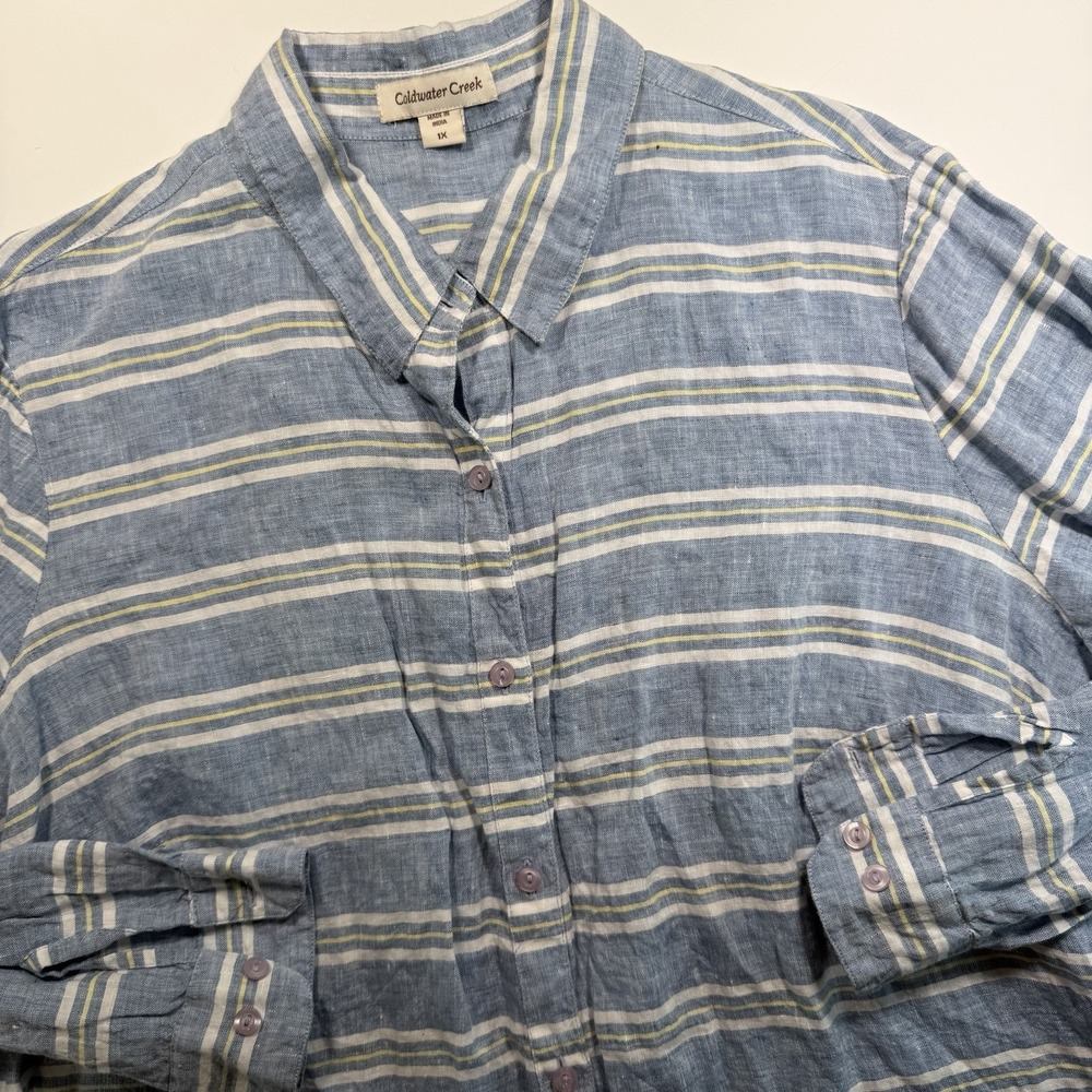 Coldwater Creek 100% Linen Long Sleeve Button Up 1X Striped Blue White Coastal